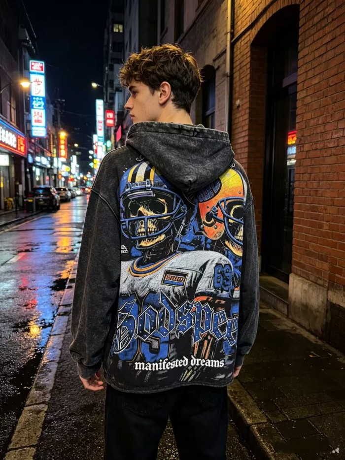 Godspeed Wash Blue Gothic Rhinestone Skeleton Football Player 69 Hoodie 29525017