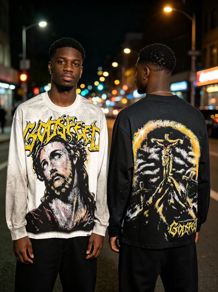 Godspeed Gothic Letter Jesus Portrait Back Crucifix Halo Rhinestone Long Sleeve T-Shirt 2 colors 29524800