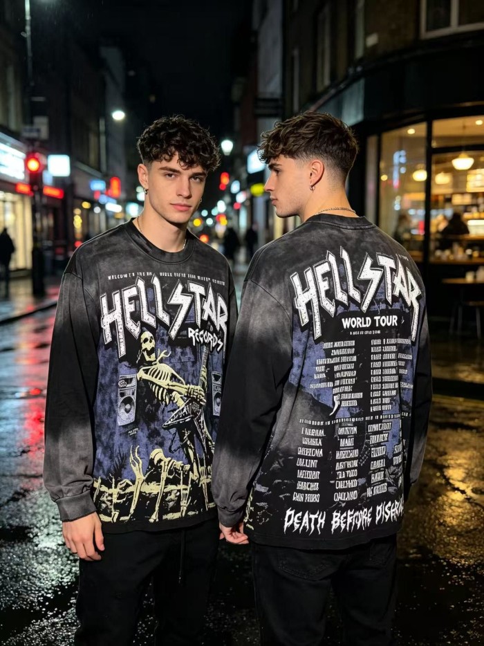 Hellstar Studio Letter Skeleton Electric Guitar Back World Tour City List Long Sleeve T-Shirt 29525049
