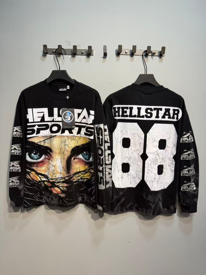 Hellstar Studio Distressed Blue Eyes Wire Net Face Back Number 88 Long Sleeve T-Shirt 29525093