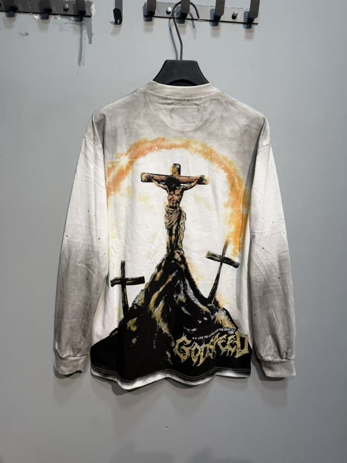 Godspeed Gothic Letter Jesus Portrait Back Crucifix Halo Rhinestone Long Sleeve T-Shirt 2 colors 29524800