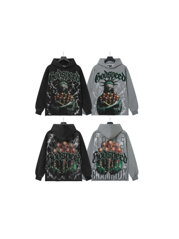 Godspeed Wash Green Gothic Rhinestone Blindfold Liberty Alien Lightning Hoodie 2 colors 29525003