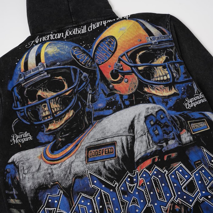 Godspeed Wash Blue Gothic Rhinestone Skeleton Football Player 69 Hoodie 29525017