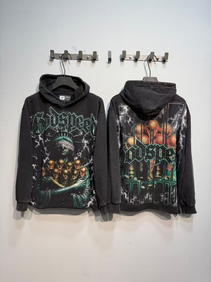 Godspeed Wash Green Gothic Rhinestone Blindfold Liberty Alien Lightning Hoodie 2 colors 29525003