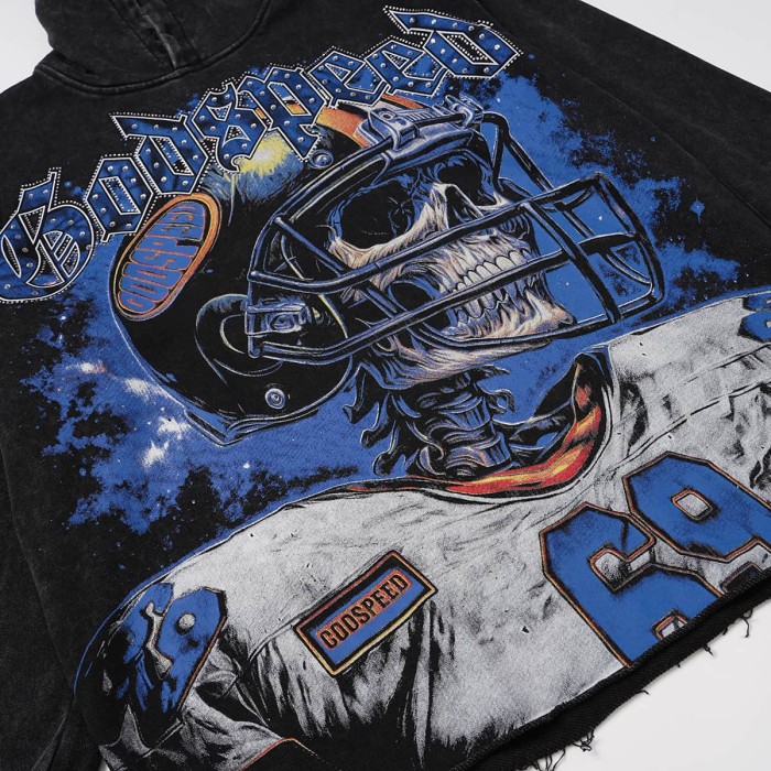 Godspeed Wash Blue Gothic Rhinestone Skeleton Football Player 69 Hoodie 29525017