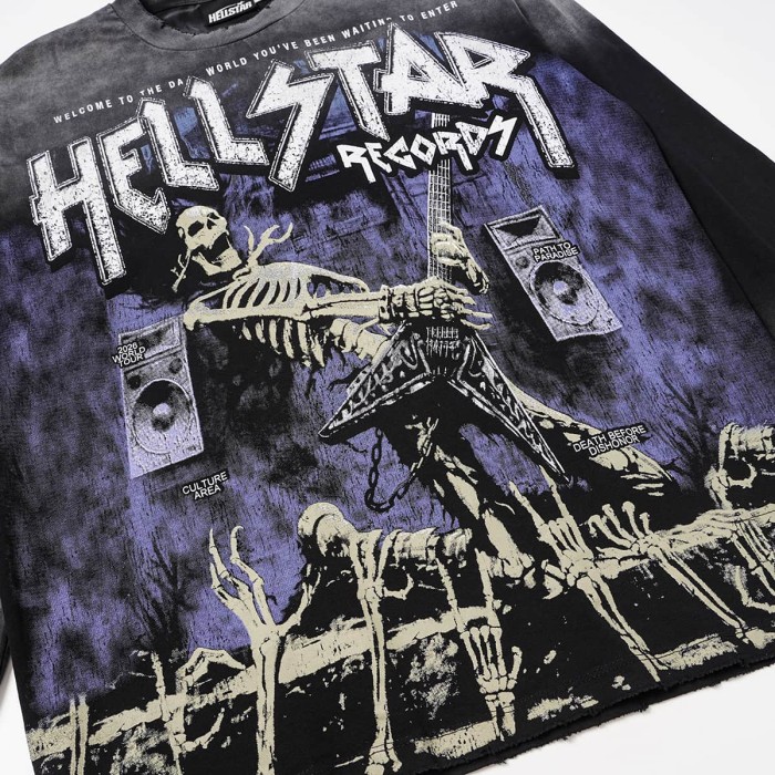Hellstar Studio Letter Skeleton Electric Guitar Back World Tour City List Long Sleeve T-Shirt 29525049
