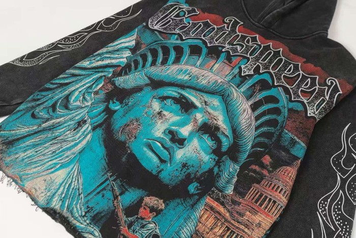Godspeed Wash Gothic Letter Liberty Face Boy With Rifle Back War Slogan Hoodie 2 colors 29525011