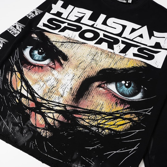 Hellstar Studio Distressed Blue Eyes Wire Net Face Back Number 88 Long Sleeve T-Shirt 29525093