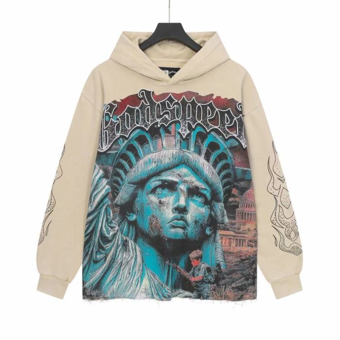 Godspeed Wash Gothic Letter Liberty Face Boy With Rifle Back War Slogan Hoodie 2 colors 29525011