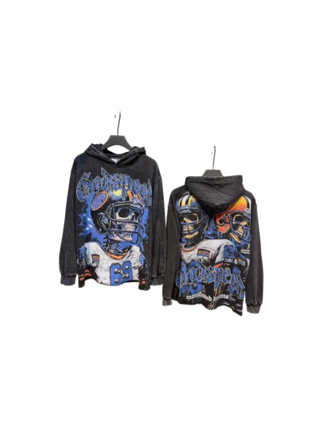 Godspeed Wash Blue Gothic Rhinestone Skeleton Football Player 69 Hoodie 29525017