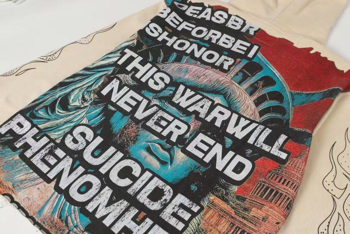Godspeed Wash Gothic Letter Liberty Face Boy With Rifle Back War Slogan Hoodie 2 colors 29525011