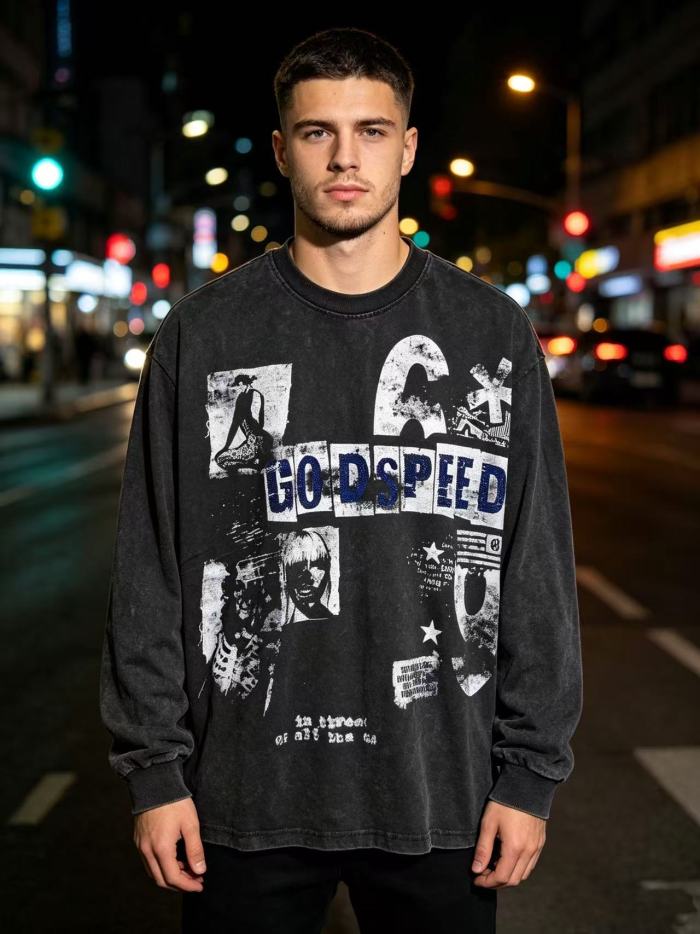 Godspeed Wash Blue Rhinestone Collage Photo Letter Long Sleeve T-Shirt 29524755
