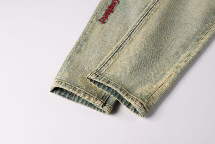 Ksubi 1:1 quality version Vintage Light Yellow Wash Red Embroidery Knee Rip Slim Fit Jeans 29524729
