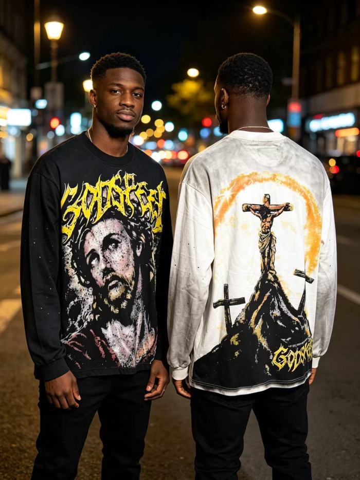 Godspeed Gothic Letter Jesus Portrait Back Crucifix Halo Rhinestone Long Sleeve T-Shirt 2 colors 29524800