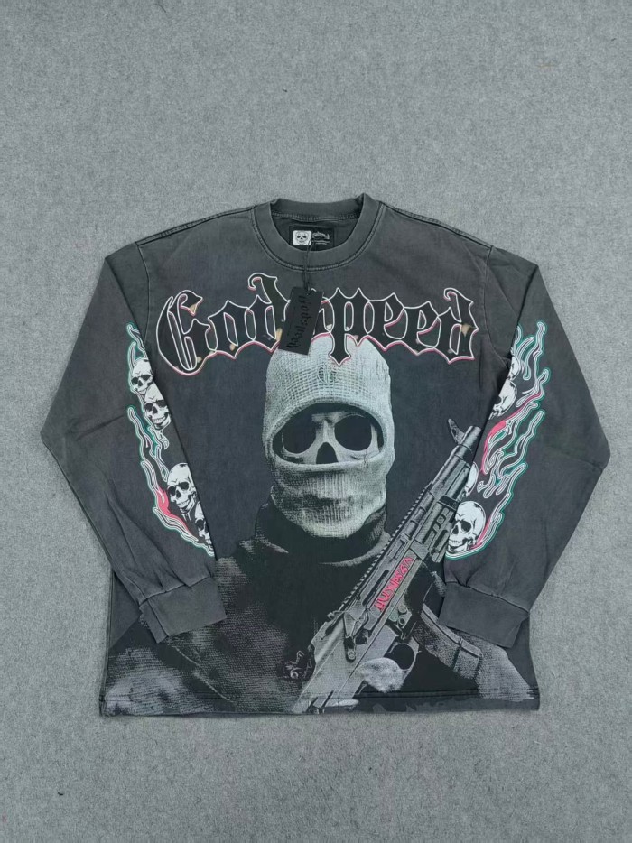 Godspeed Wash Gothic Letter Ski Mask Skull Rifle Sleeve Flame Long Sleeve T-Shirt 29523915