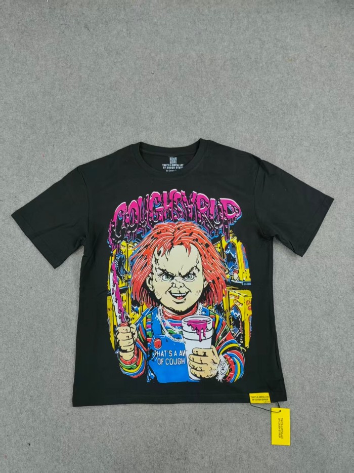 Cough Syrup Horror Hip Hop Streetwear Front Chucky Doll Knife Syrup Cup Drip Graffiti Letter Cartoon Print Oversized T-Shirt 29344001
