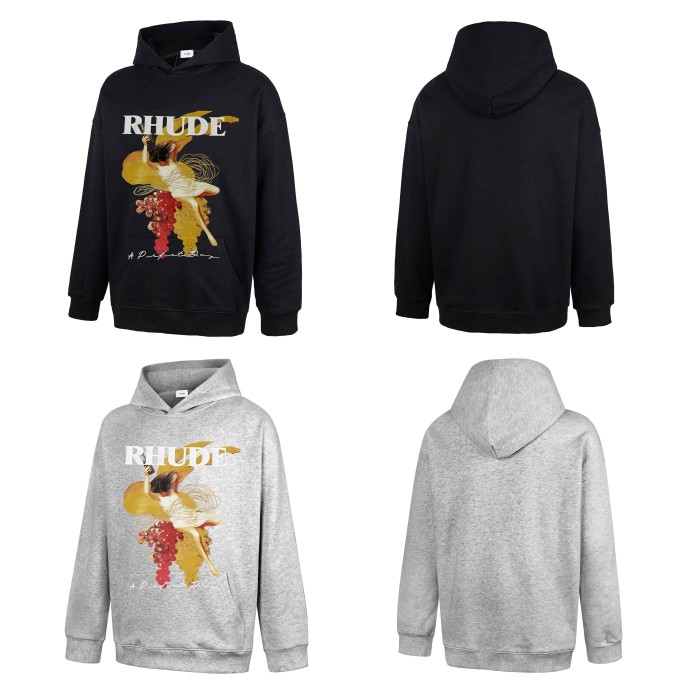 Rhude Serif Letter Vintage Art Nouveau Dancing Woman Bottle Grape Print Hoodie 2 colors 29527543