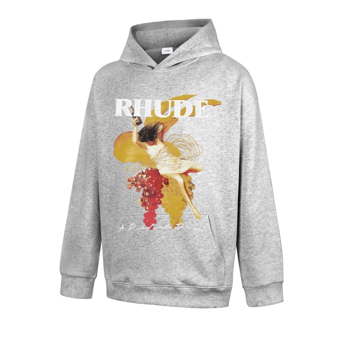 Rhude Serif Letter Vintage Art Nouveau Dancing Woman Bottle Grape Print Hoodie 2 colors 29527543