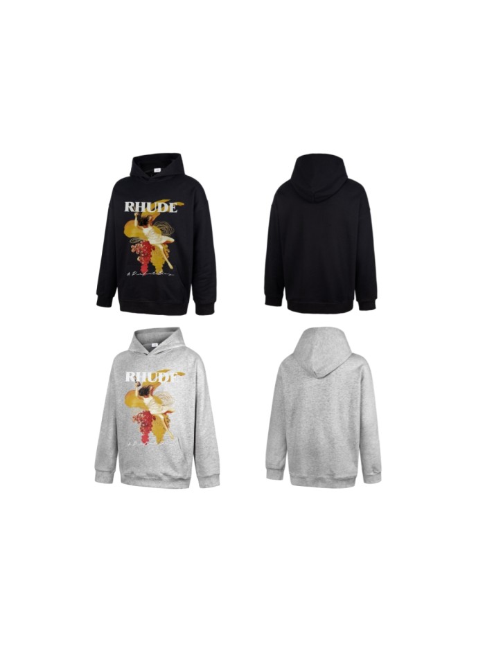 Rhude Serif Letter Vintage Art Nouveau Dancing Woman Bottle Grape Print Hoodie 2 colors 29527543
