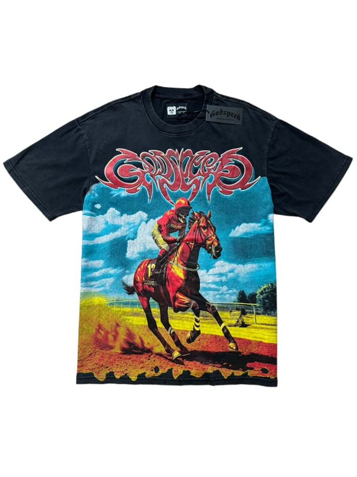 [50% Off]Godspeed Skeleton Horse Racing Print Washed Version Tee 2 colors 28360188