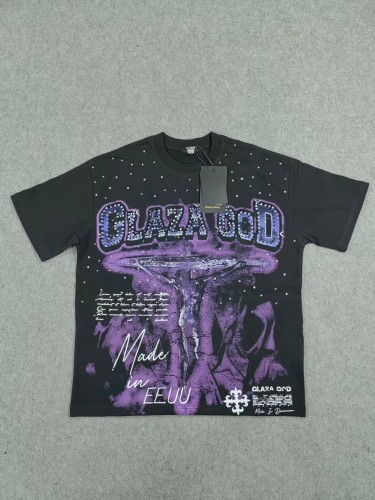 Glazagod Neck Rhinestone Purple Jesus Cross Script Slogan Double Sided Print T-Shirt 29287091