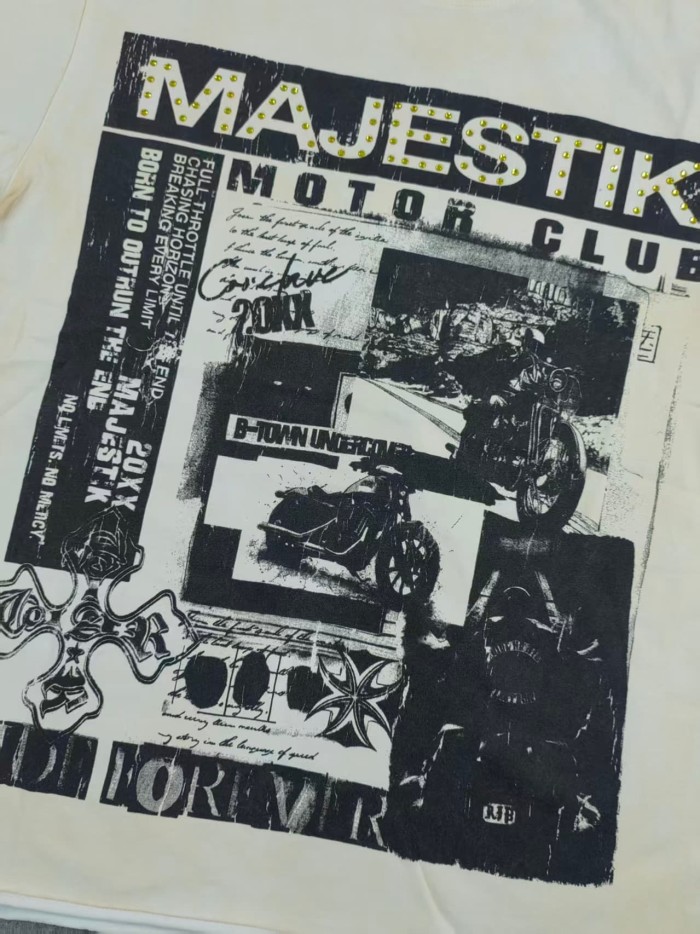Majestik Motorcycle Club Newspaper Rhinestone Print Washed Tee 29064536