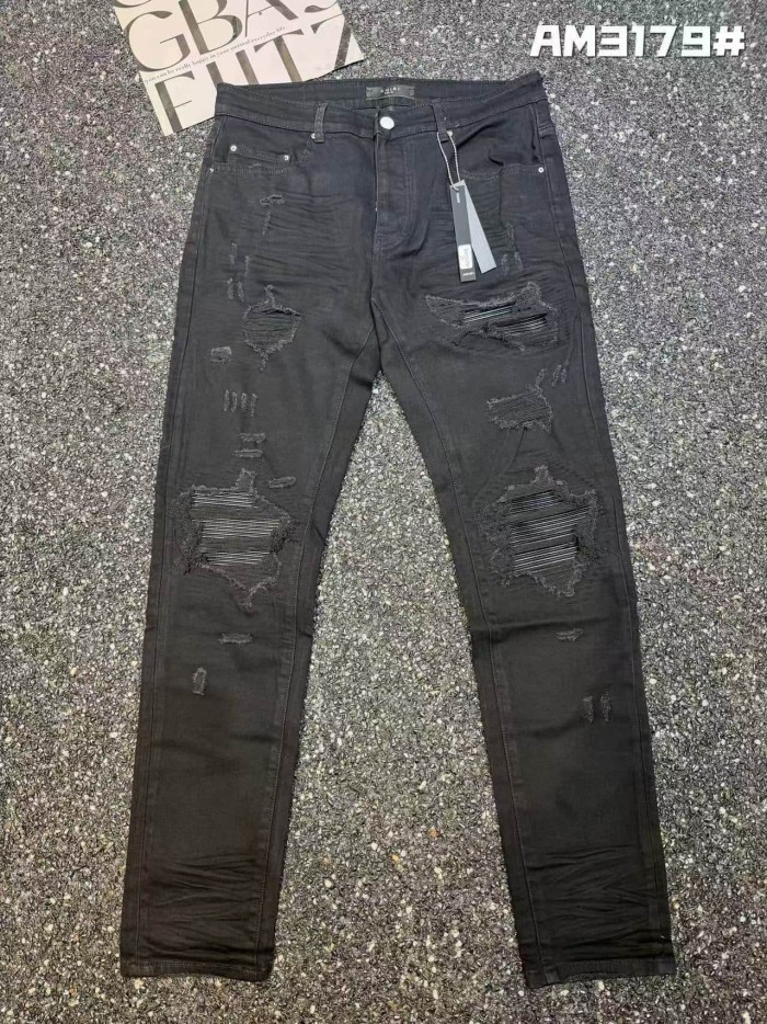 Amiri 1:1 quality version Black Coated Heavy Rip Black Stripe Bandage Patch Slim Jeans 29528415