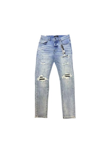 Amiri 1:1 quality version Wash Blue Slim Multi Rip Black Stripe Bandage Patch Stretch Jeans 29528463