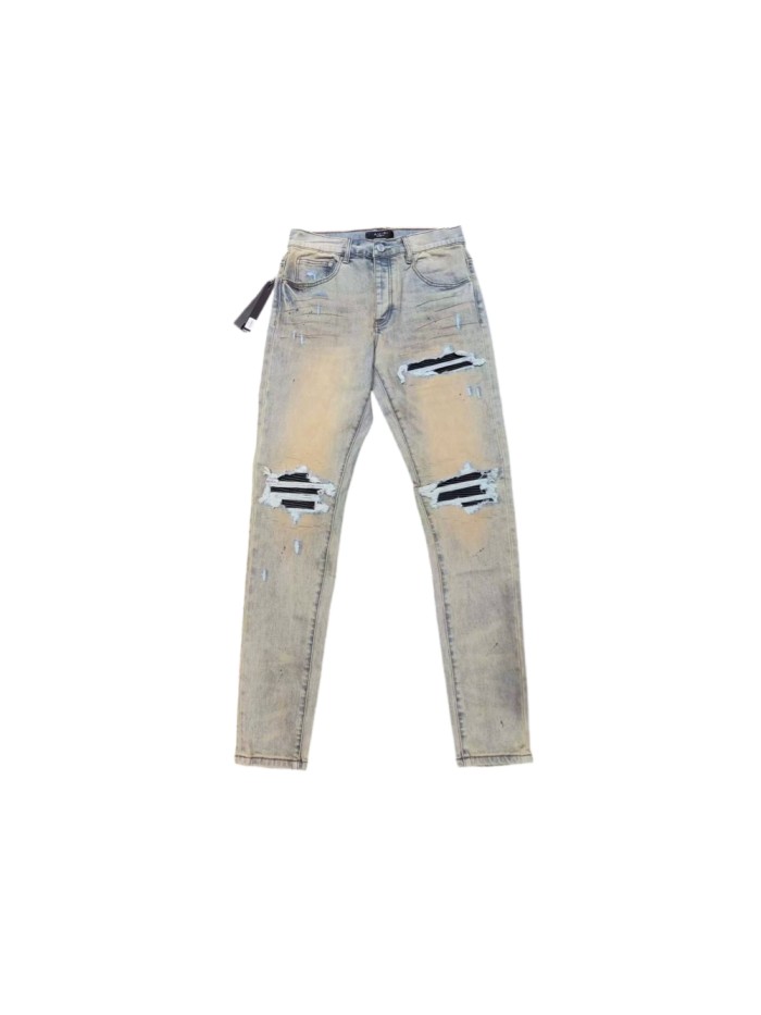 Amiri 1:1 quality version Mud Wash Distressed Rip Black Stripe Bandage Patch Slim Jeans 29528413