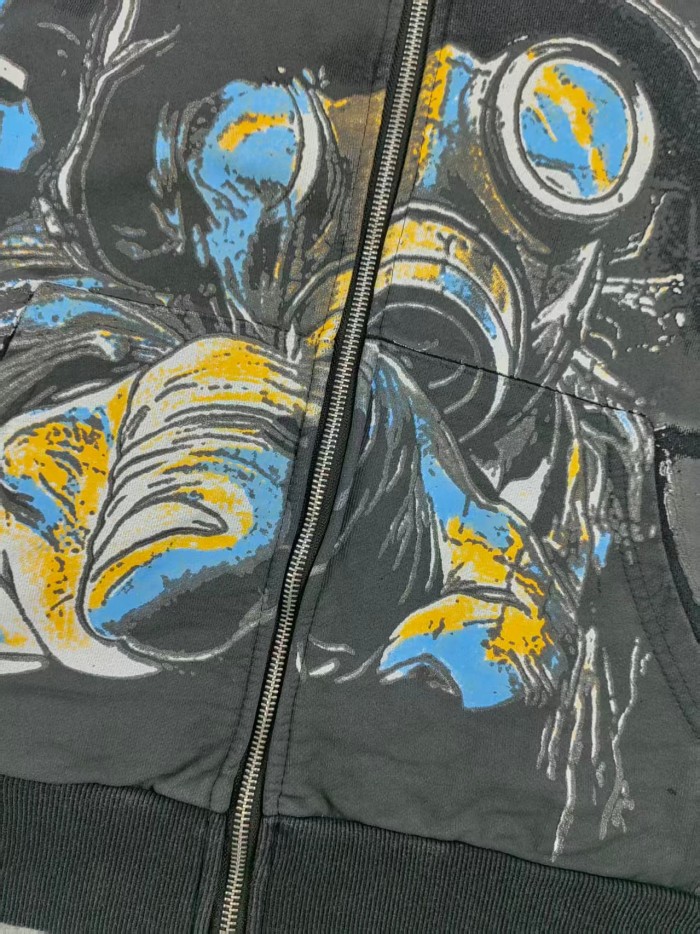 Mixed Emotion Gas Mask Wasteland Style Zipper Print Washed Hoodie 29116525