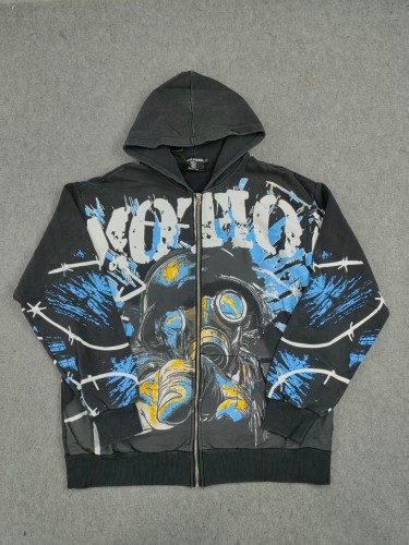 Mixed Emotion Gas Mask Wasteland Style Zipper Print Washed Hoodie 29116525