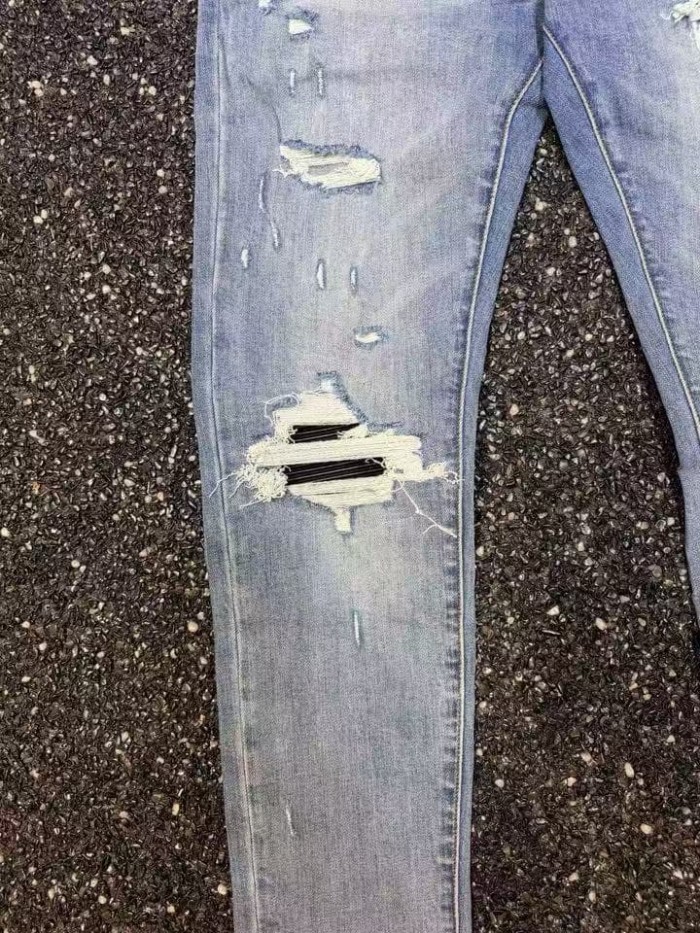 Amiri 1:1 quality version Wash Blue Slim Multi Rip Black Stripe Bandage Patch Stretch Jeans 29528463