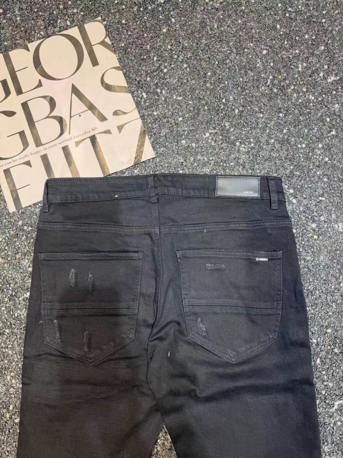 Amiri 1:1 quality version Black Coated Heavy Rip Black Stripe Bandage Patch Slim Jeans 29528415