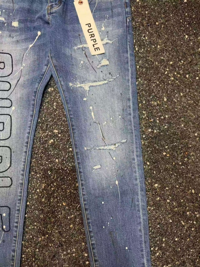 Purple Brand 1:1 quality version Wash Vertical Letter Paint Splatter Subtle Rip Slim Jeans 29528743