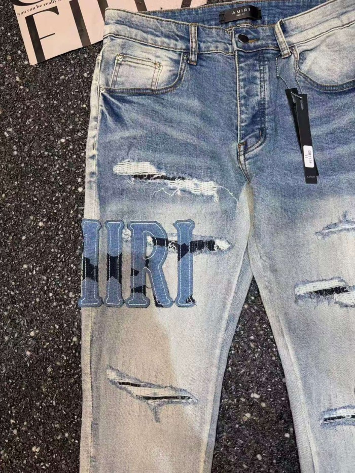 Amiri 1:1 quality version Wash Slim Camo Patch IRI Letter Rip White Bandage Jeans 29528411