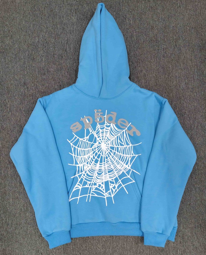 Sp5der Baby Blue White Spider Web Print Grey Letter Oversized Hoodie 29528823