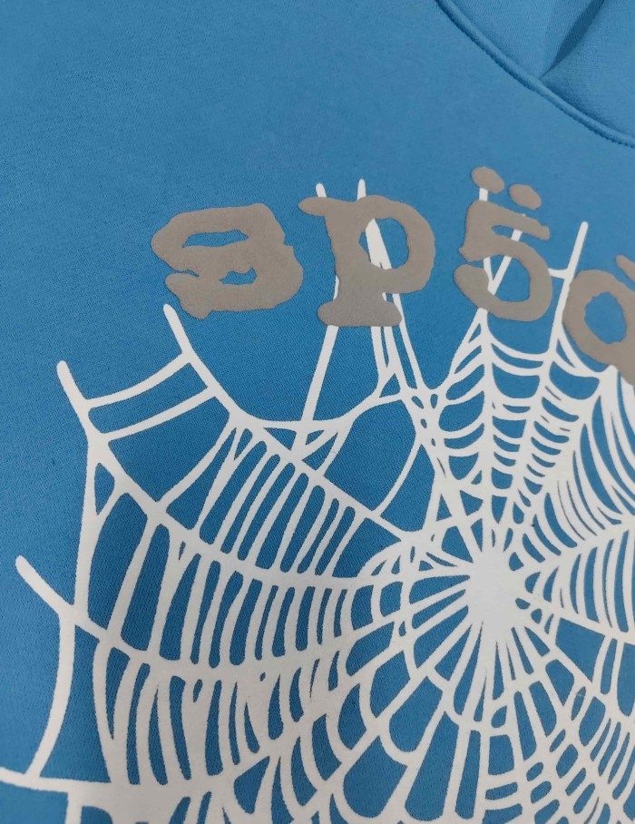 Sp5der Baby Blue White Spider Web Print Grey Letter Oversized Hoodie 29528823