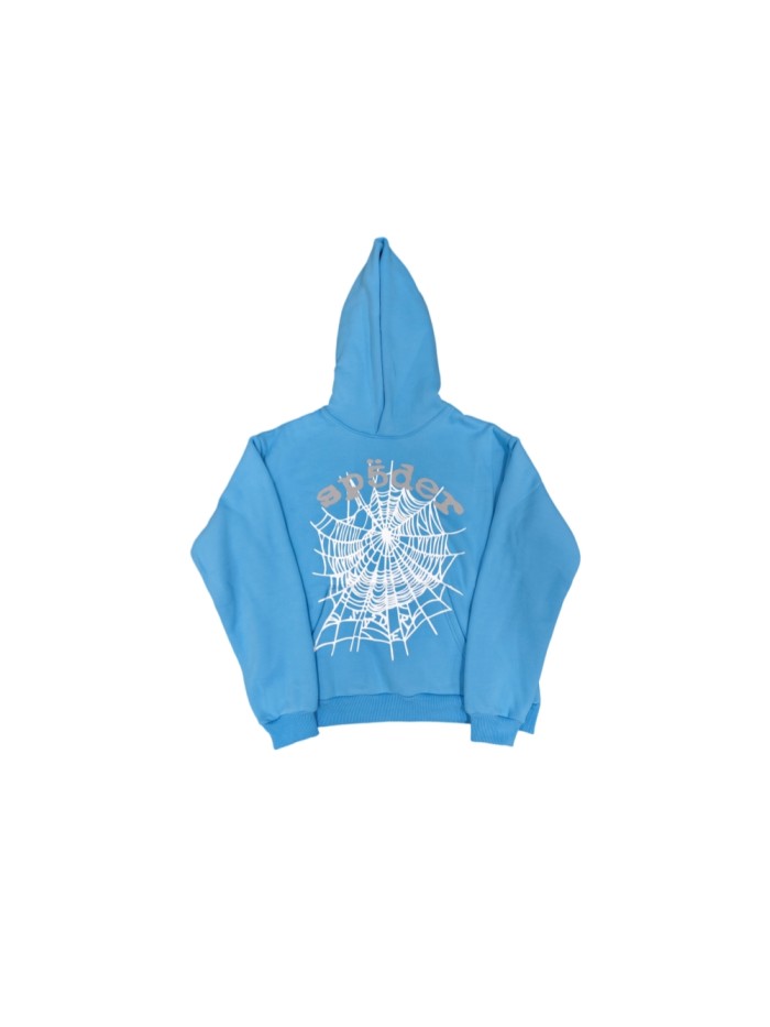 Sp5der Baby Blue White Spider Web Print Grey Letter Oversized Hoodie 29528823