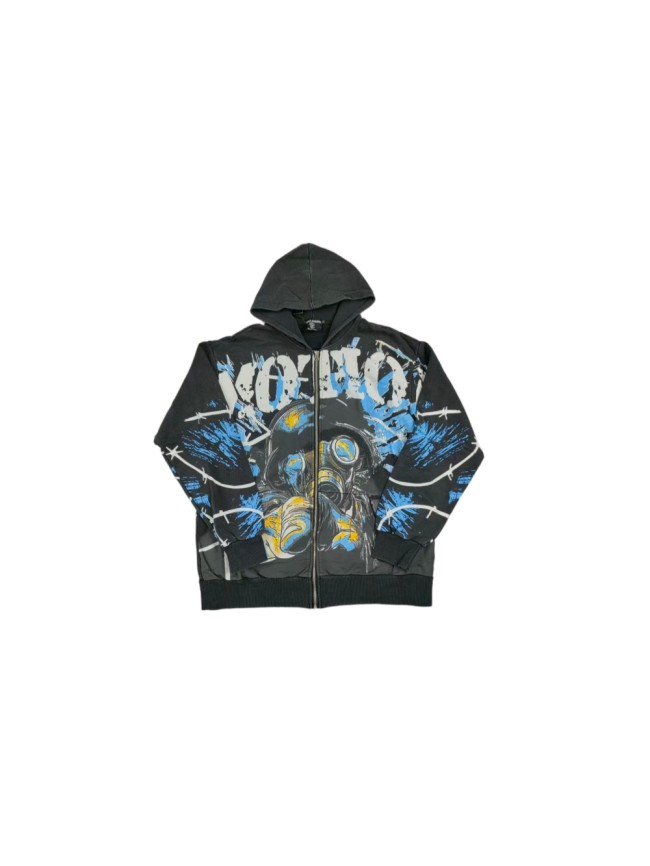 Mixed Emotion Gas Mask Wasteland Style Zipper Print Washed Hoodie 29116525