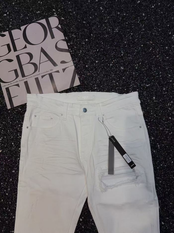 Amiri 1:1 quality version White Slim Fit Distressed Rip Bandage Patch Stretch Denim Jeans 29528409