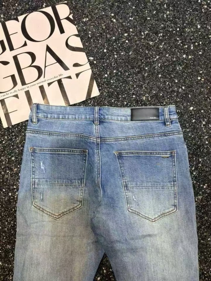 Amiri 1:1 quality version Wash Blue Slim Multi Rip Black Stripe Bandage Patch Stretch Jeans 29528463