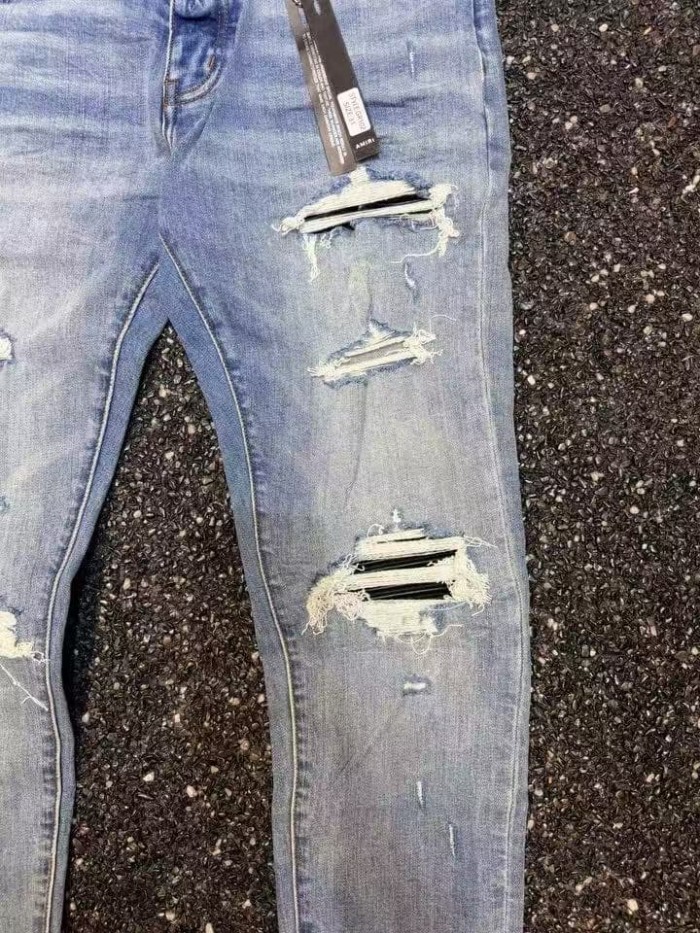 Amiri 1:1 quality version Wash Blue Slim Multi Rip Black Stripe Bandage Patch Stretch Jeans 29528463