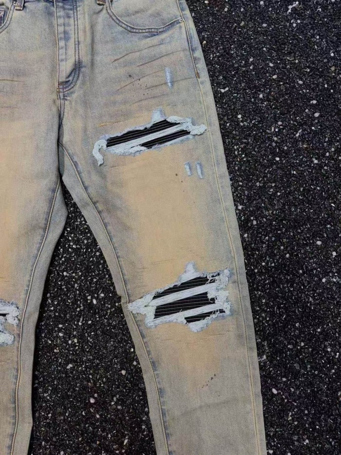 Amiri 1:1 quality version Mud Wash Distressed Rip Black Stripe Bandage Patch Slim Jeans 29528413
