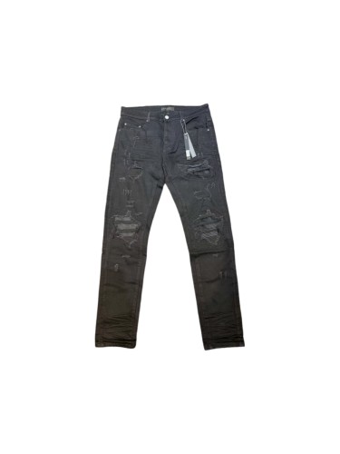 Amiri 1:1 quality version Black Coated Heavy Rip Black Stripe Bandage Patch Slim Jeans 29528415