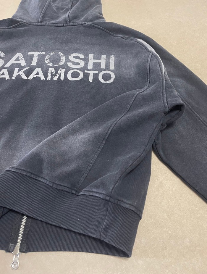 Satoshi Nakamoto Wash Left Chest Mini Script Back Large Letter Grey Stripe Full Zip Hoodie 29531076