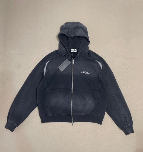 Satoshi Nakamoto Wash Left Chest Mini Script Back Large Letter Grey Stripe Full Zip Hoodie 29531076