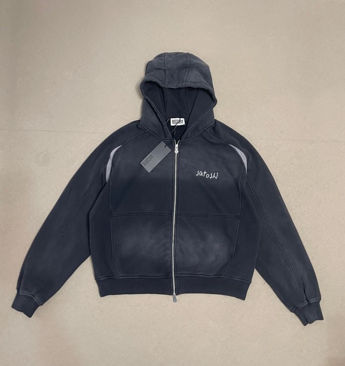 Satoshi Nakamoto Wash Left Chest Mini Script Back Large Letter Grey Stripe Full Zip Hoodie 29531076