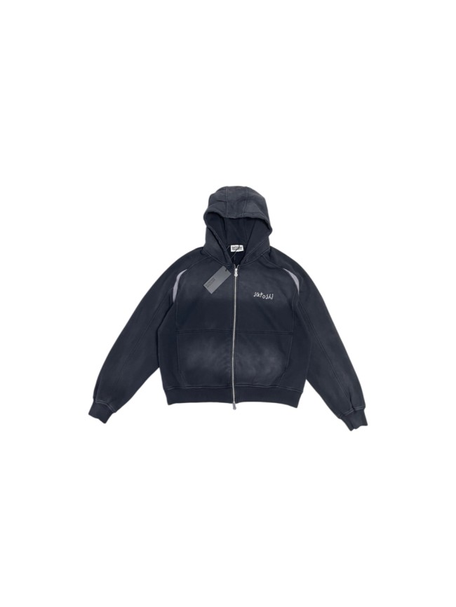 Satoshi Nakamoto Wash Left Chest Mini Script Back Large Letter Grey Stripe Full Zip Hoodie 29531076