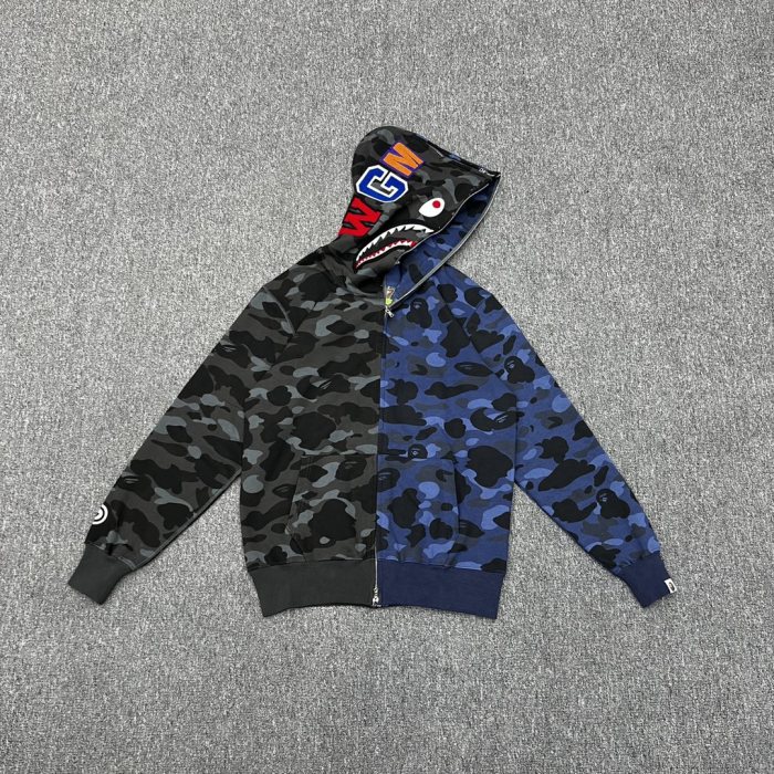 A Bathing Ape Bape 1:1 quality version Black And Blue Half Spliced Camouflage Double Zip Couple Hoodie 29530902