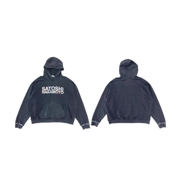 Satoshi Nakamoto Washed Black Rhinestone Letter Hoodie